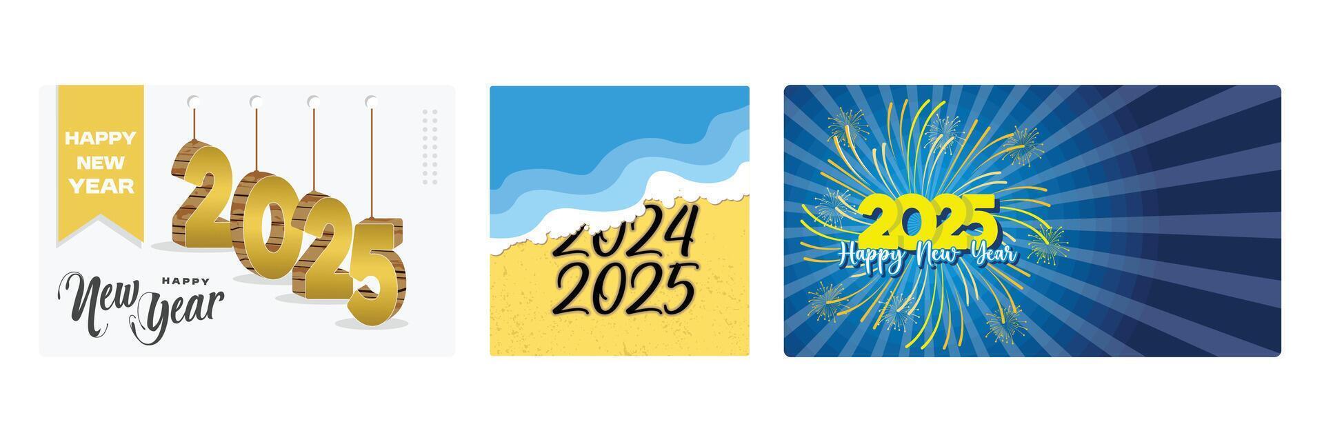 New Year's greeting card design features golden numbers, seascapes and fireworks. vector