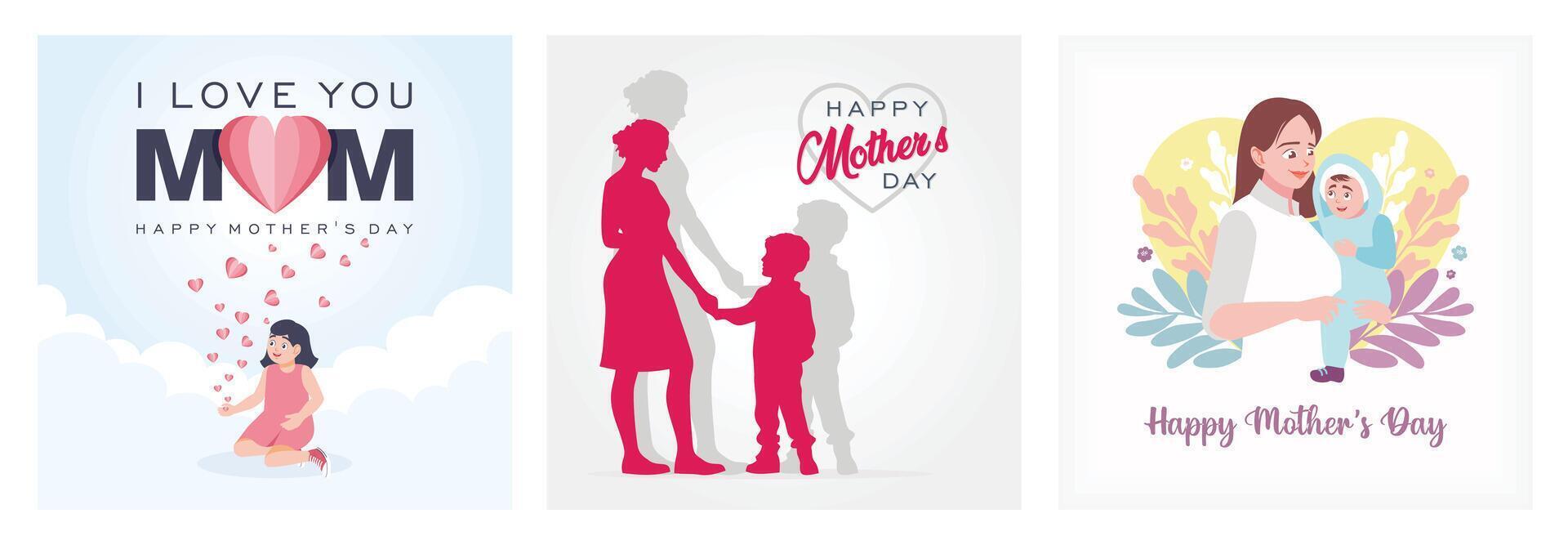 Girl with flying pink paper heart. a mother holding her son's hand. Mother's Day concept vector