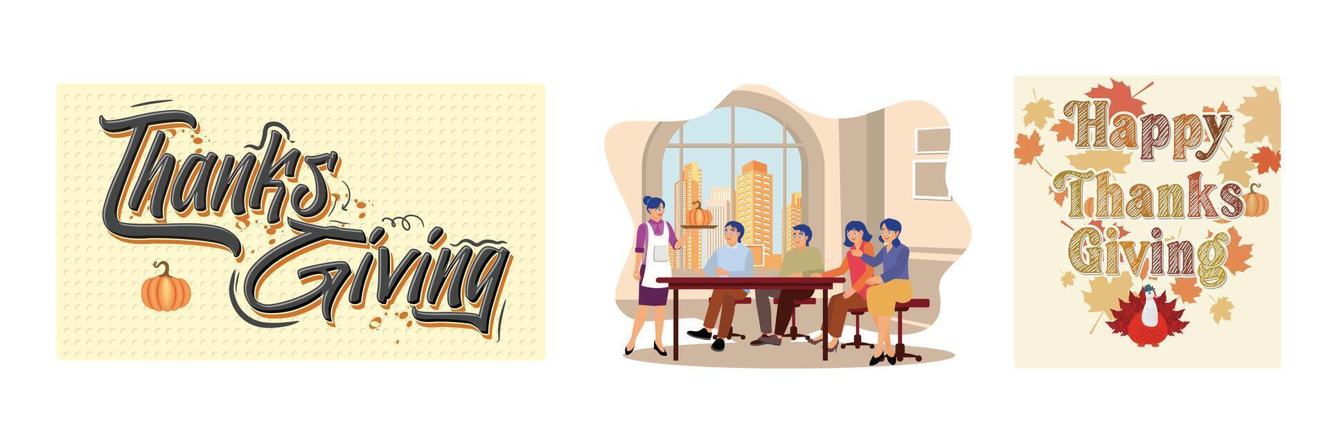 Families celebrate Thanksgiving by enjoying roasted pumpkin and turkey. vector