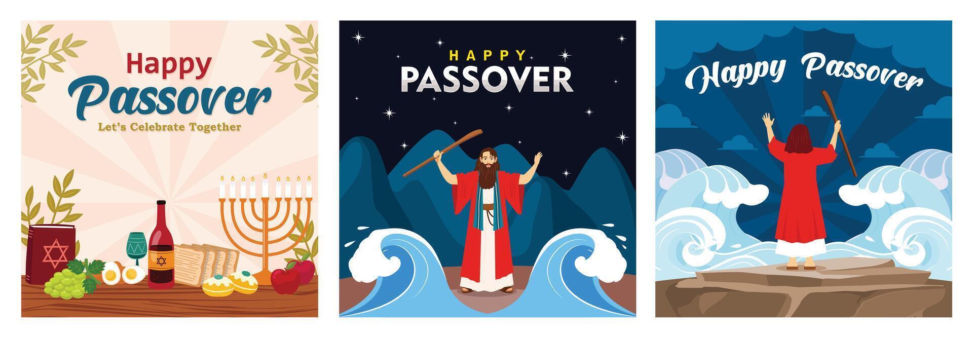 Easter meal with candles and holy book. Moses with a rod parted the Red Sea.Passover Day concept vector