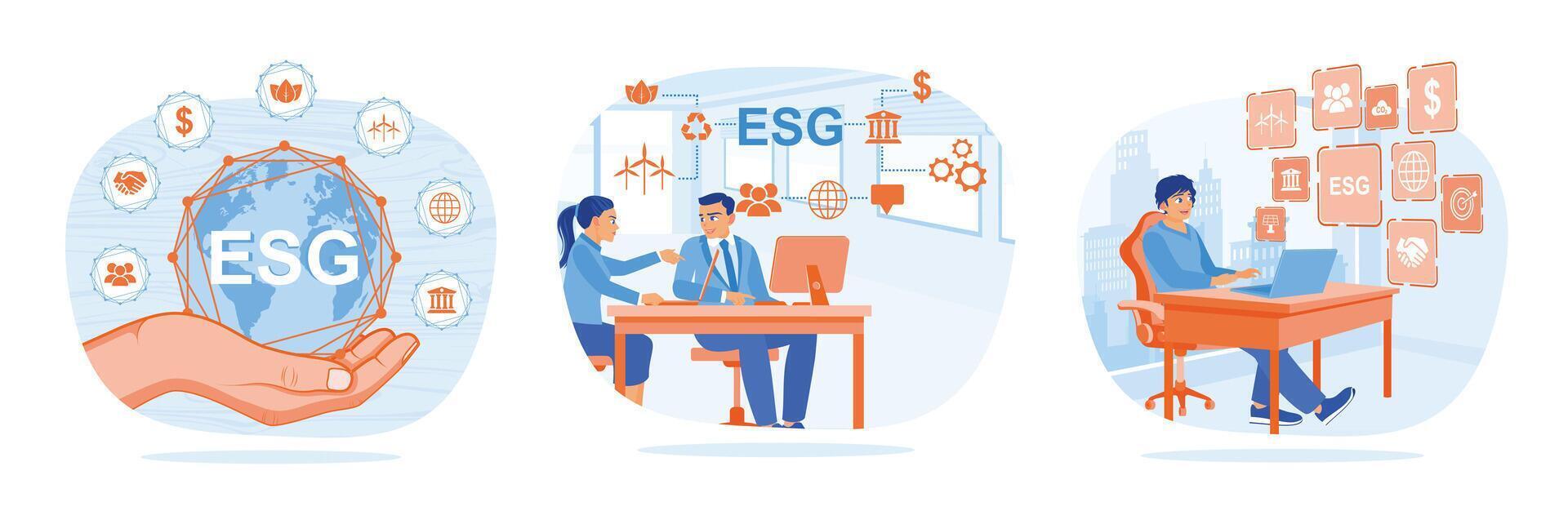 Environmental and social governance with business. ESG concept. Set flat illustration. vector