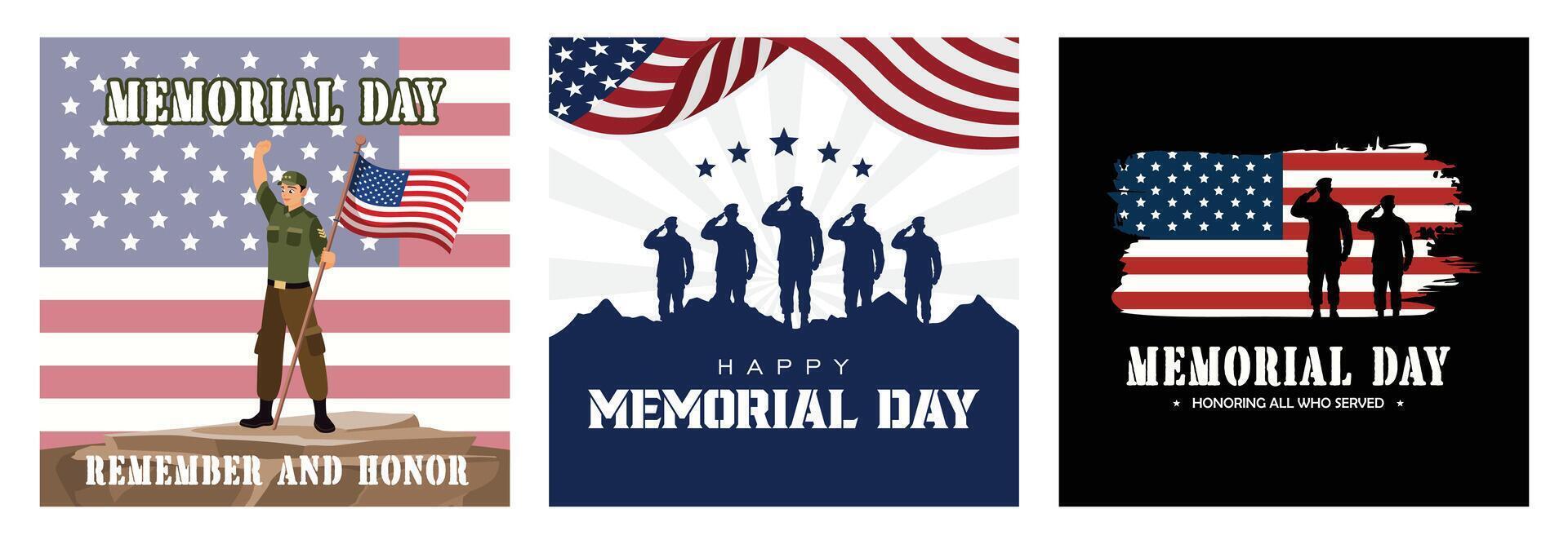 Silhouette of a soldier with an American flag background. Memorial Day concept vector