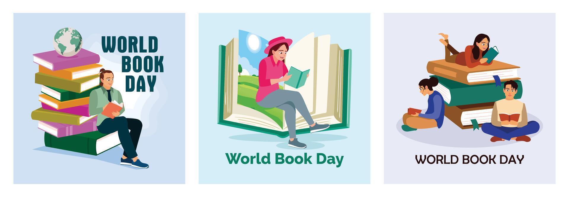 Man is reading a book. People are reading books. World Book Day concept. vector