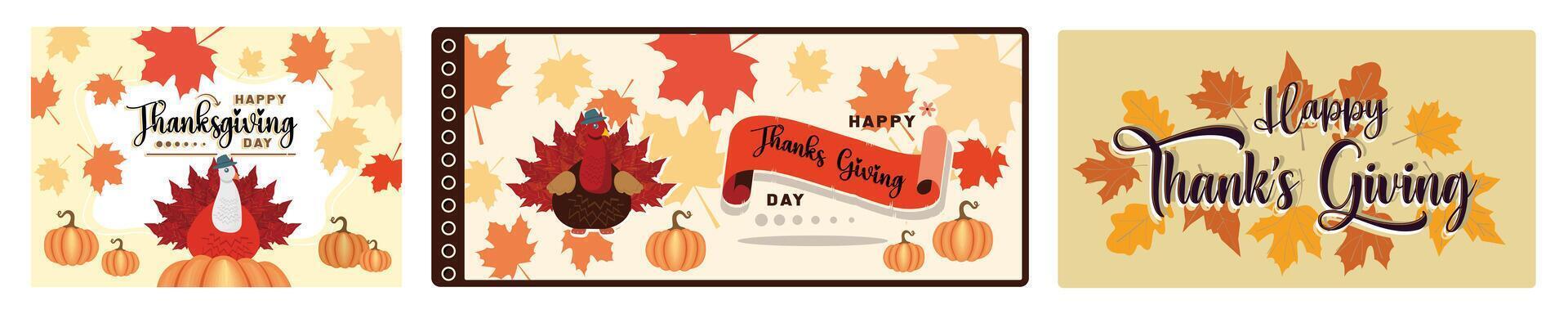 Thanksgiving feast celebrations feature turkeys, pumpkins, and fall leaves. vector