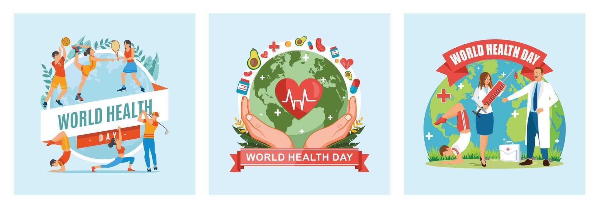 People live a healthy lifestyle by exercising and eating nutritious food. vector