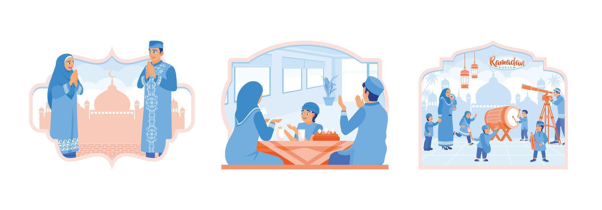 Muslims greet, iftar, and celebrate Eid al-Fitr together. vector