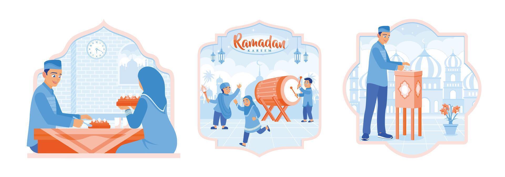 The Muslim tradition during Ramadan is iftar together, beating the drum, and giving alms. vector