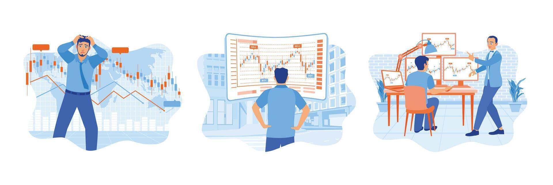 Entrepreneurs analyze stock market charts, indicators, and trading graphs. vector