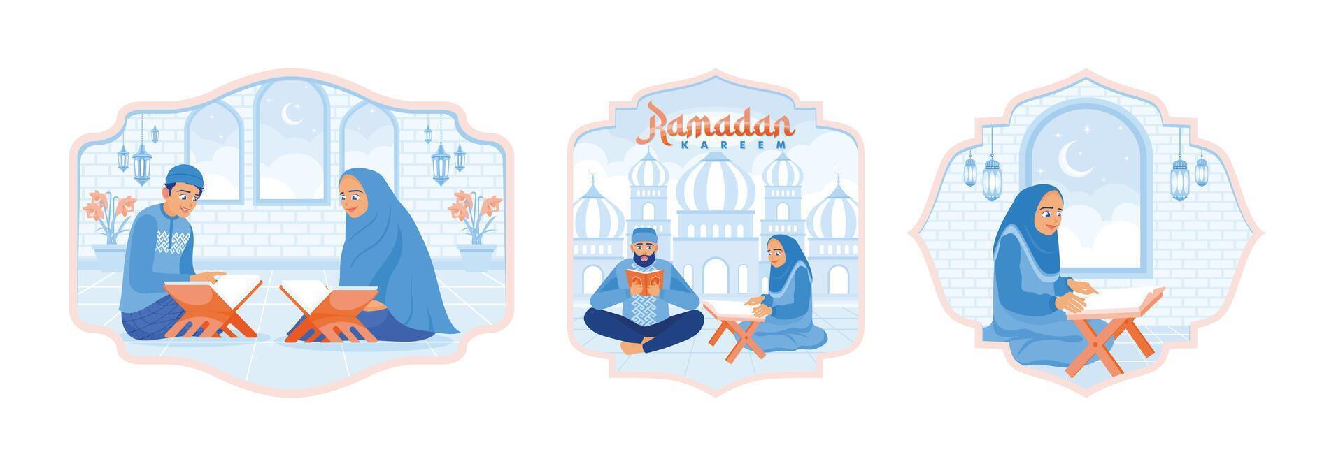 Muslims read and study the Quran during the nights of Ramadan. vector
