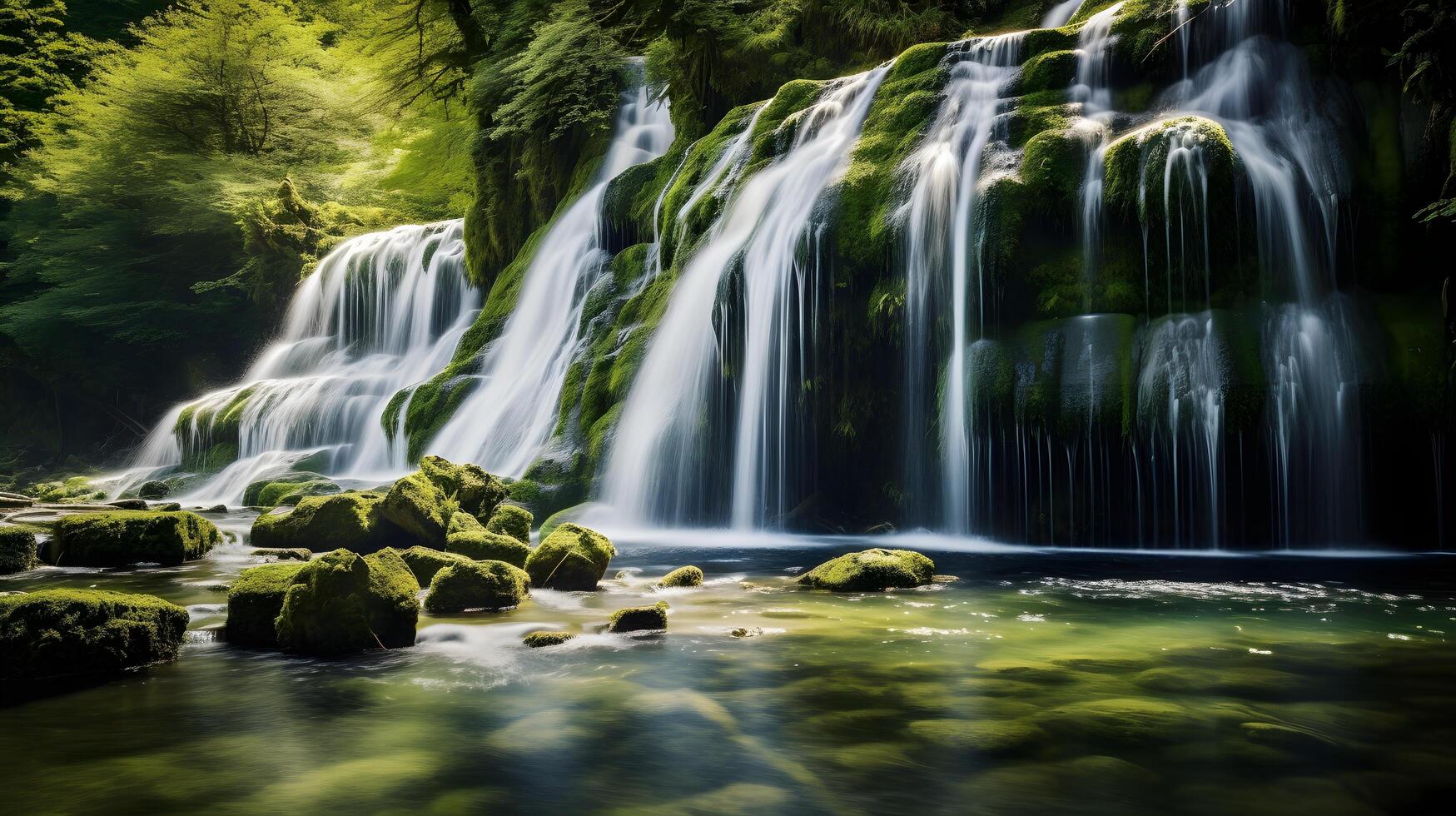 Serene waterfall cascading through lush greenery nature scenic view tranquil environment captured in daylight photo