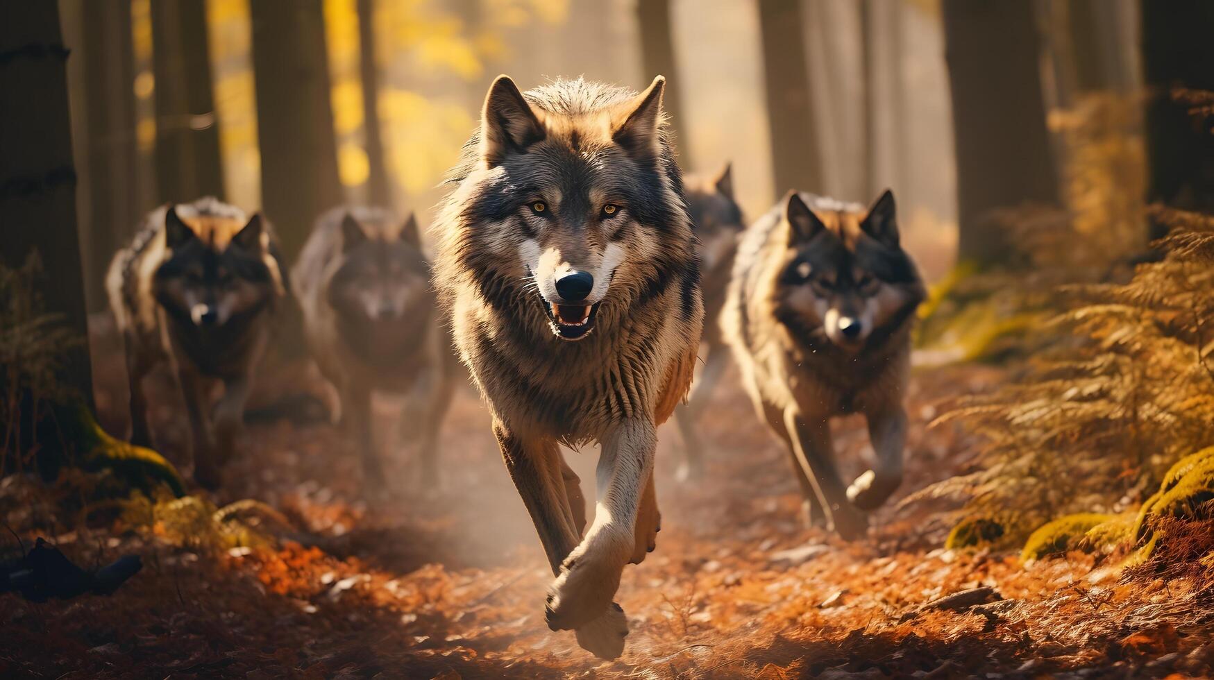 Wolves running through the forest nature scene action shot autumn environment dynamic viewpoint wildlife concept photo