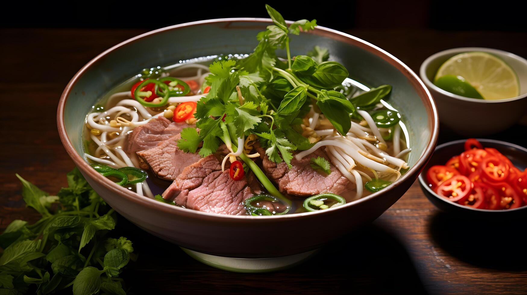 Savoring steaming pho with tender beef vietnamese restaurant food photography cozy atmosphere close-up culinary delight photo