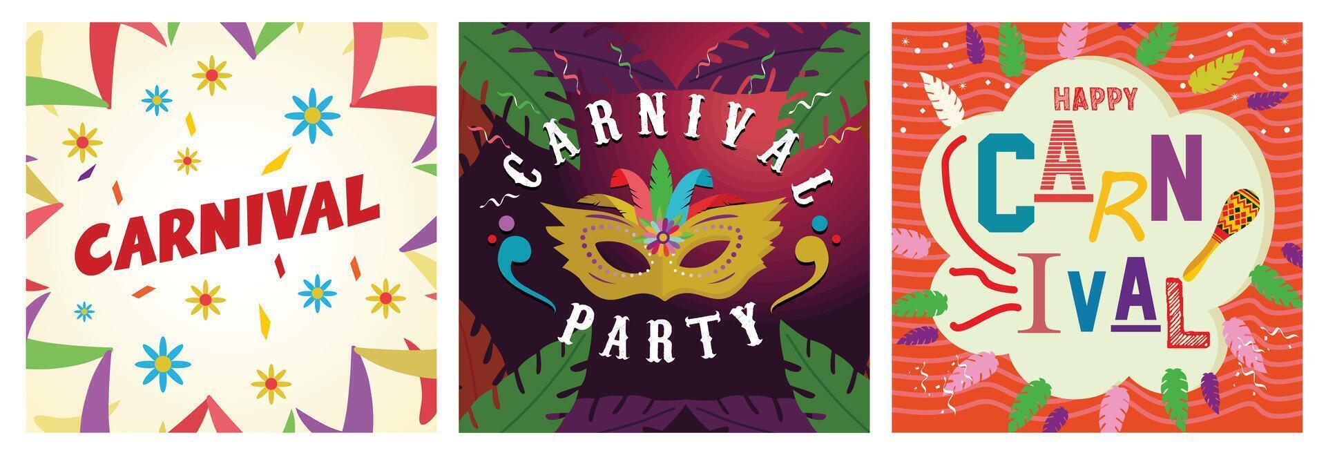Colorful Carnival party designs featuring festive patterns and masks. vector