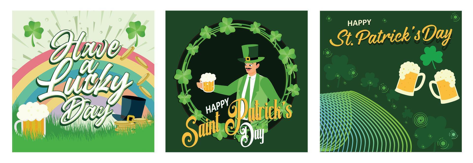 St. Patrick's Day Celebration Patrick's with Leprechaun, beer, rainbow and clover. vector