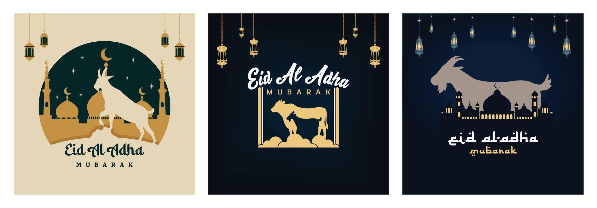 Happy Eid al-Adha greeting card with the silhouette of a sacrificial lamb. Muslim celebration day. vector
