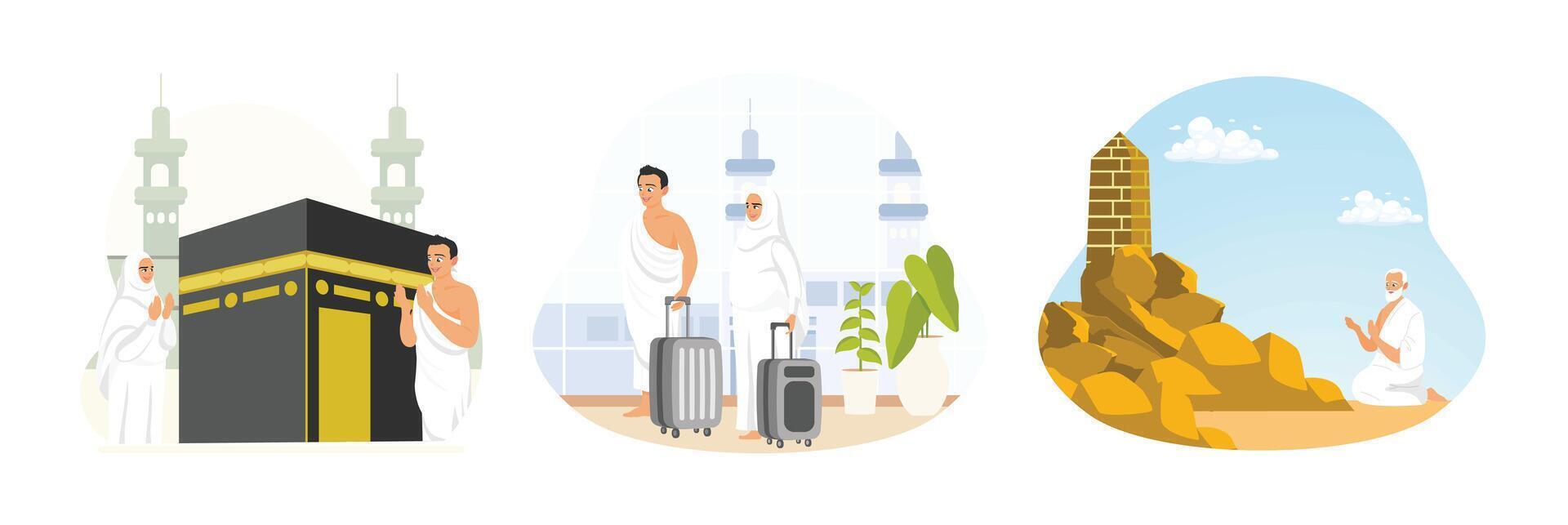 Set of illustrations representing Hajj journey and Islamic pilgrimage activities. vector