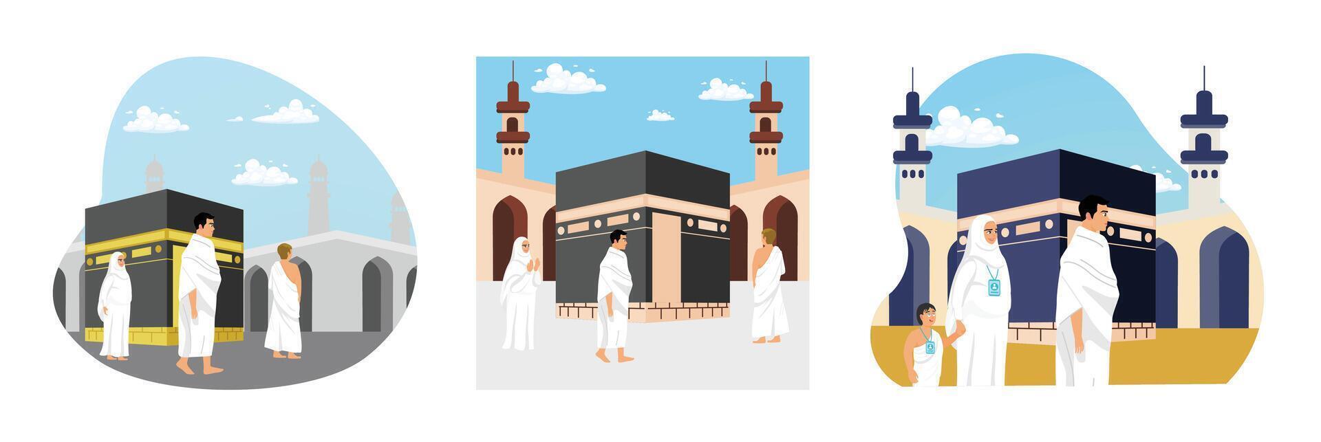 Muslim pilgrims at Kaaba in Mecca performing Hajj and Umrah activities. vector