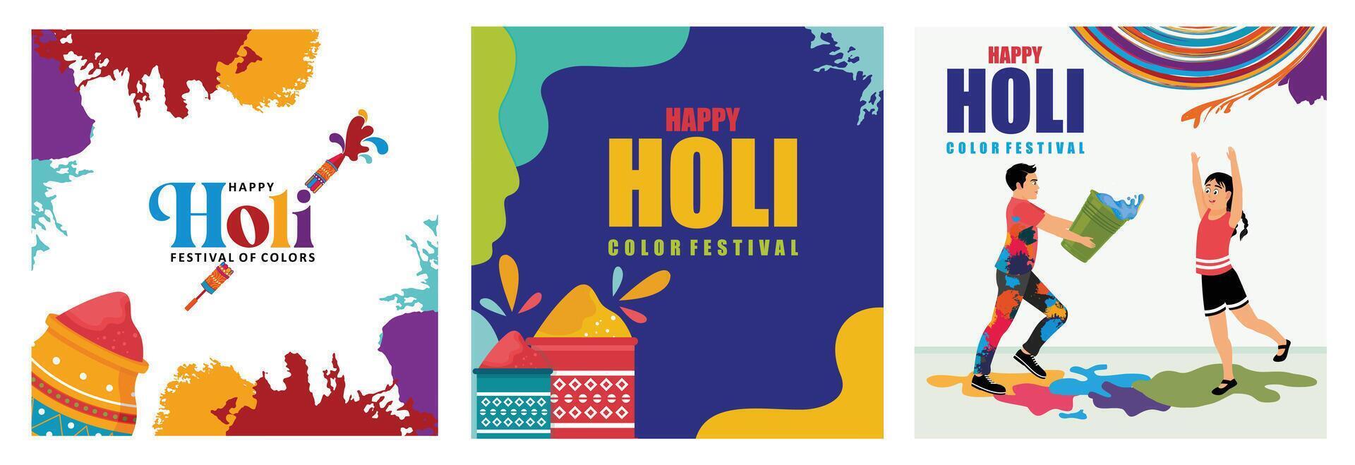 Holi festival greeting card with festive colorful splashes. vector