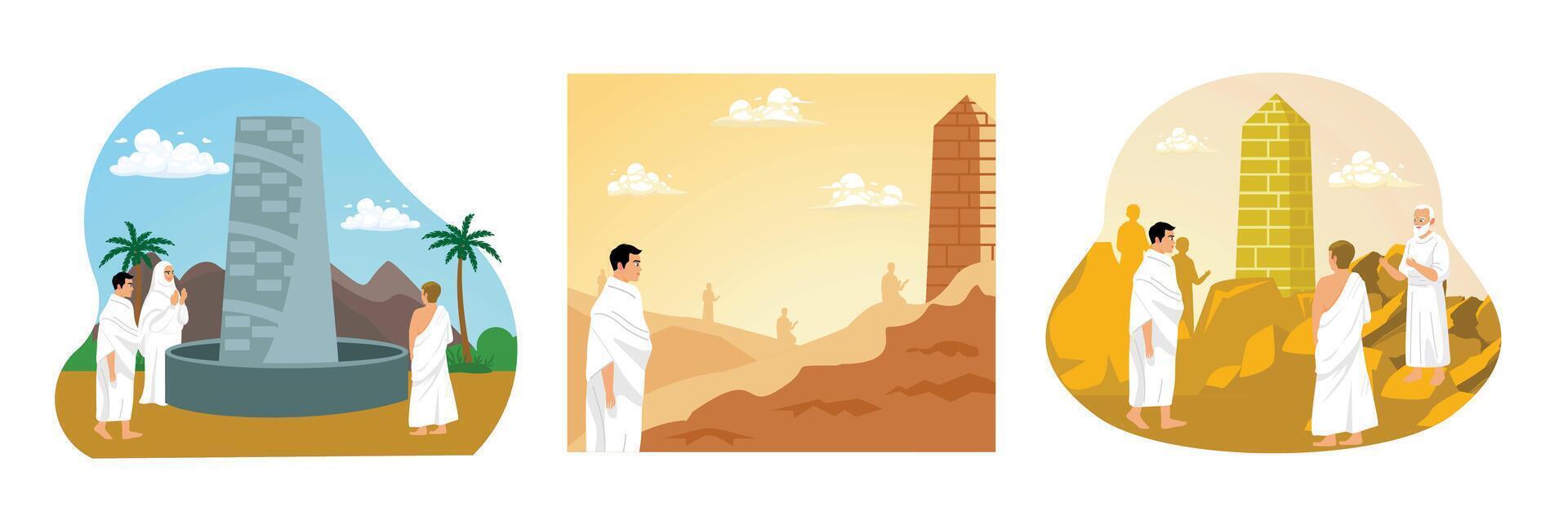 Three illustrations depicting the Hajj pilgrimage at Arafah. vector