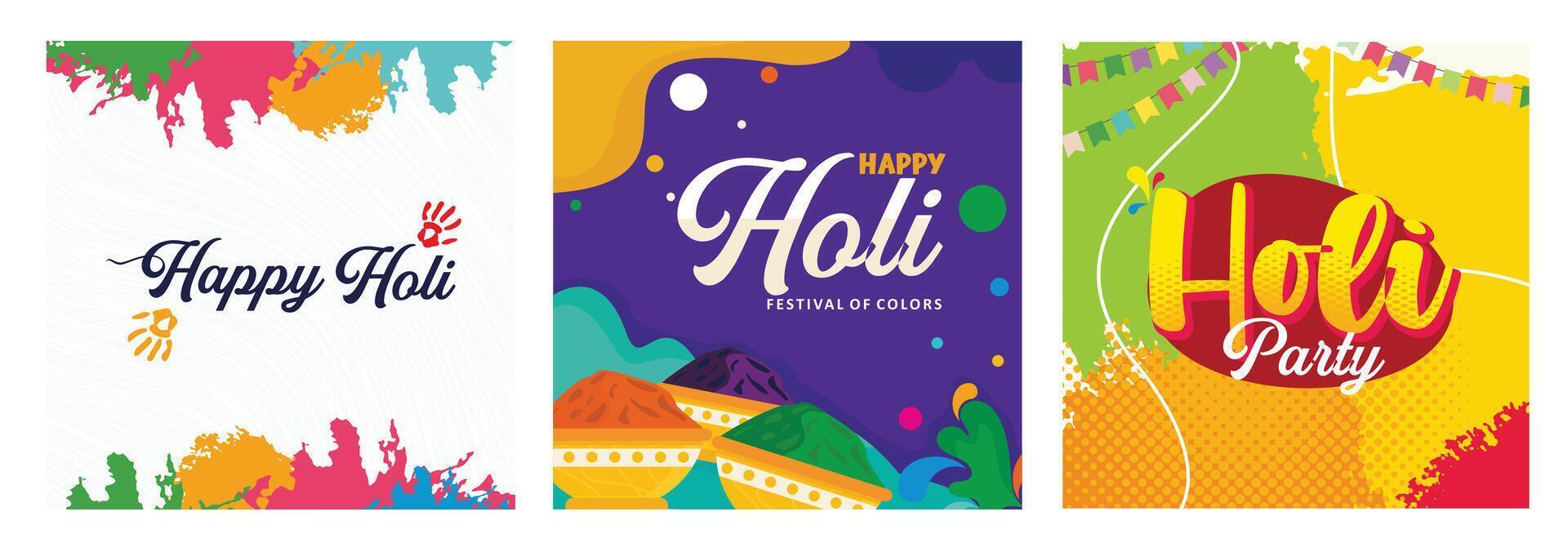 Posters, greeting cards and invitations celebrating the colorful festival of Holi in India. vector