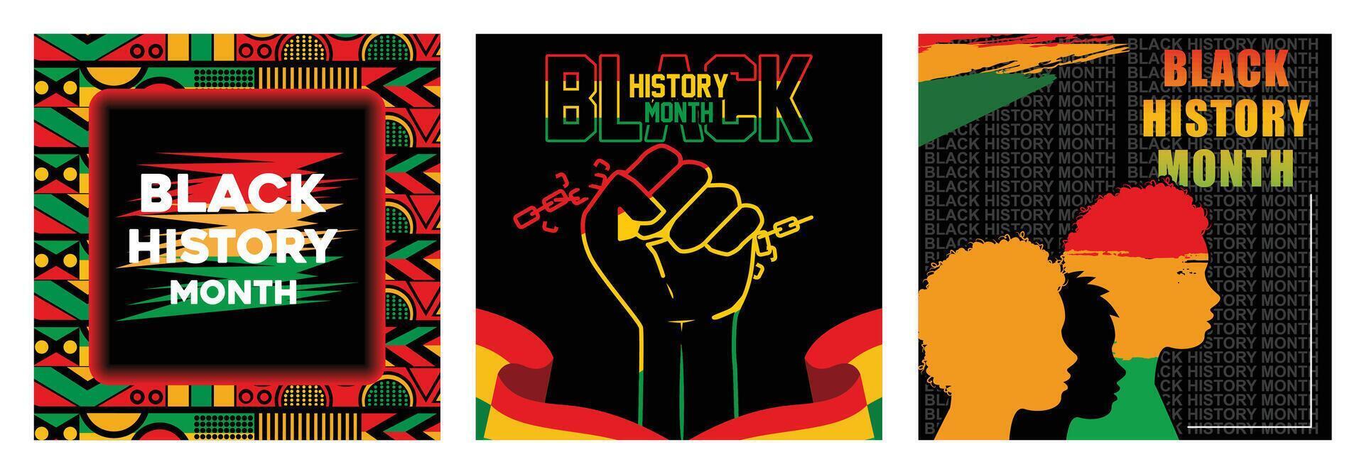 Colorful Black History Month posters with symbols and themes of unity and celebration. vector