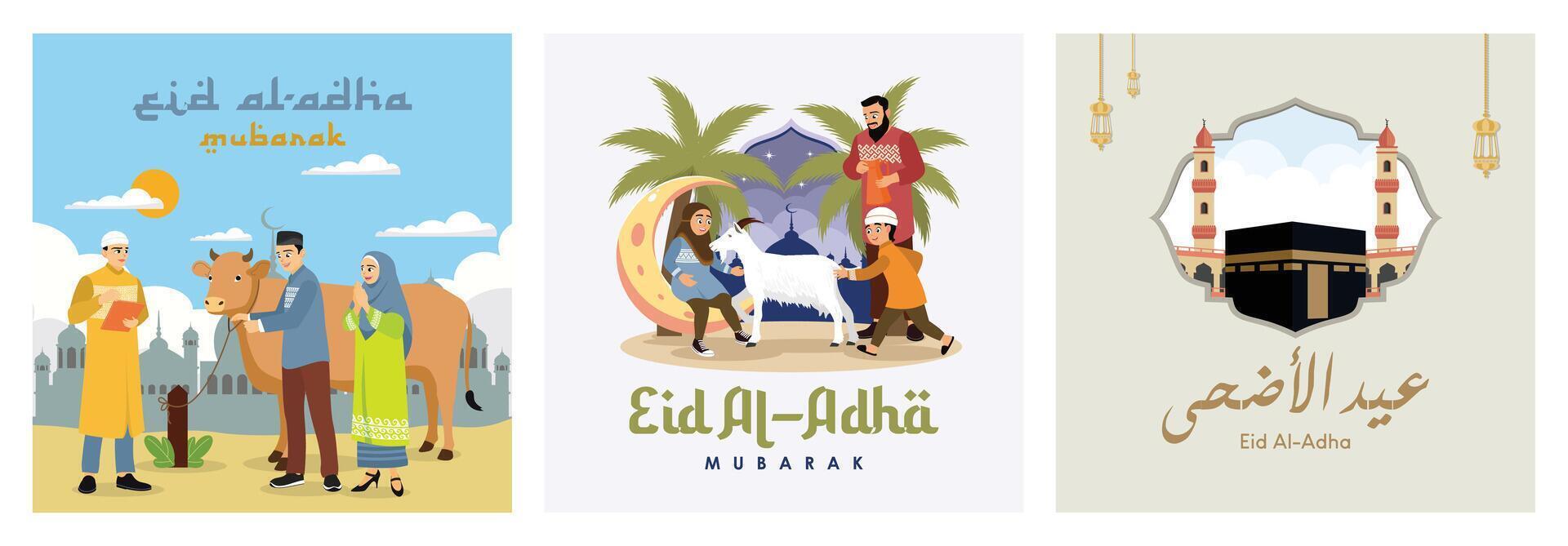 Happy Eid al-Adha greeting card with a paper cut. Eid Al Adha concept.Set flat illustration. vector