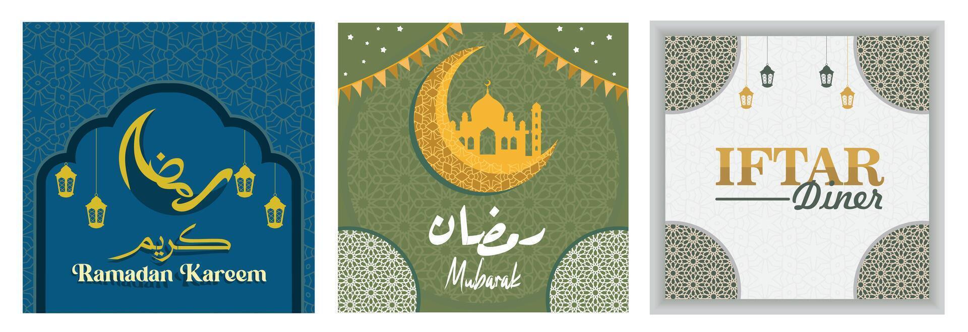 Ramadan Kareem greeting cards feature Islamic decorations and invitations iftar. vector