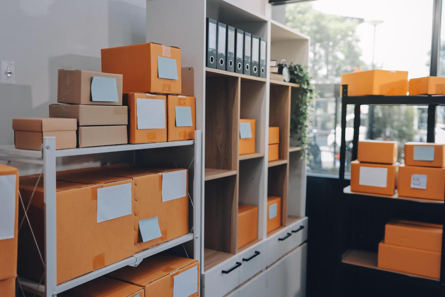 A room with many boxes and shelves photo