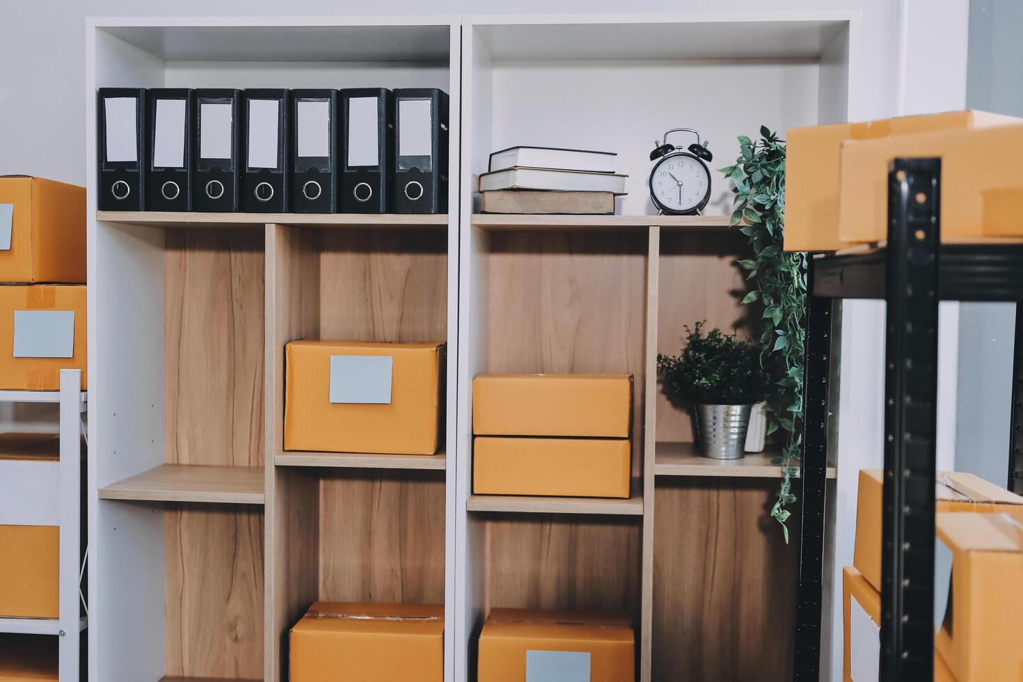 A room with many boxes and shelves photo
