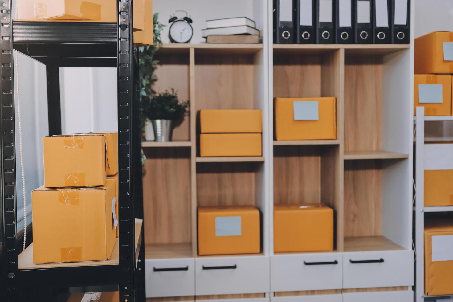 A room with many boxes and shelves photo