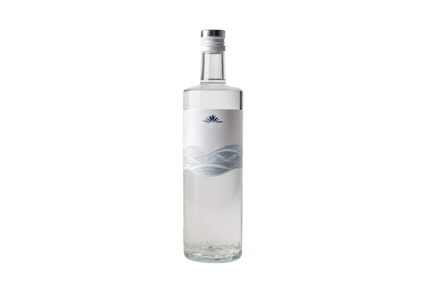 A minimalist glass alcohol bottle with a silver cap, featuring a serene white label adorned with elegant wave patterns and a blue emblem png