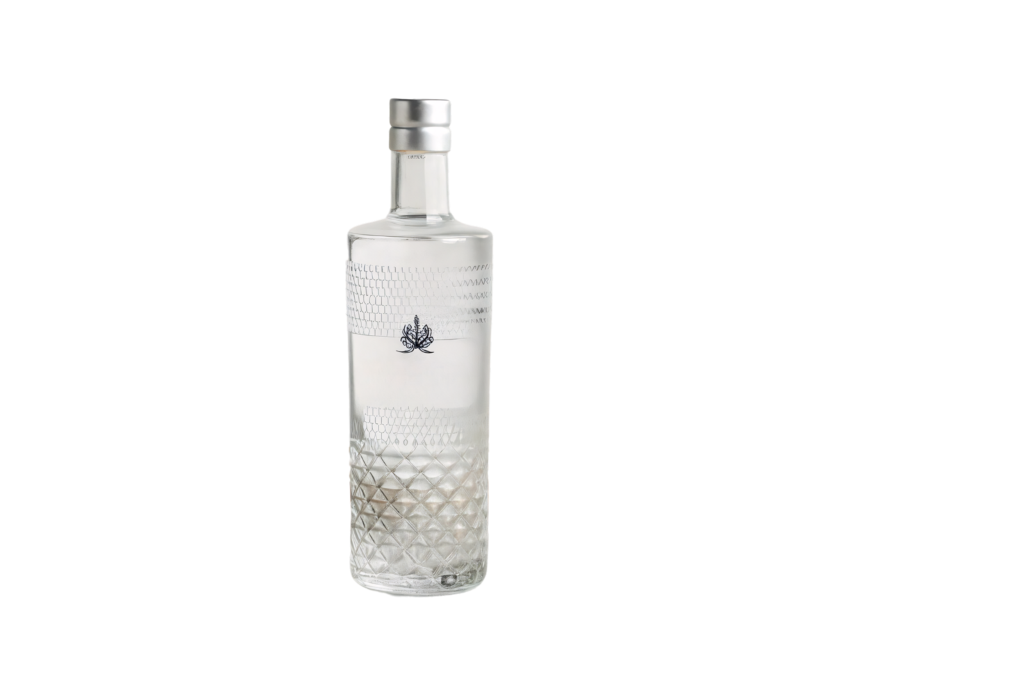 A clear glass alcohol bottle with textured diamond patterns on the lower half and minimalist, silver cap, combining modernity with sophistication png
