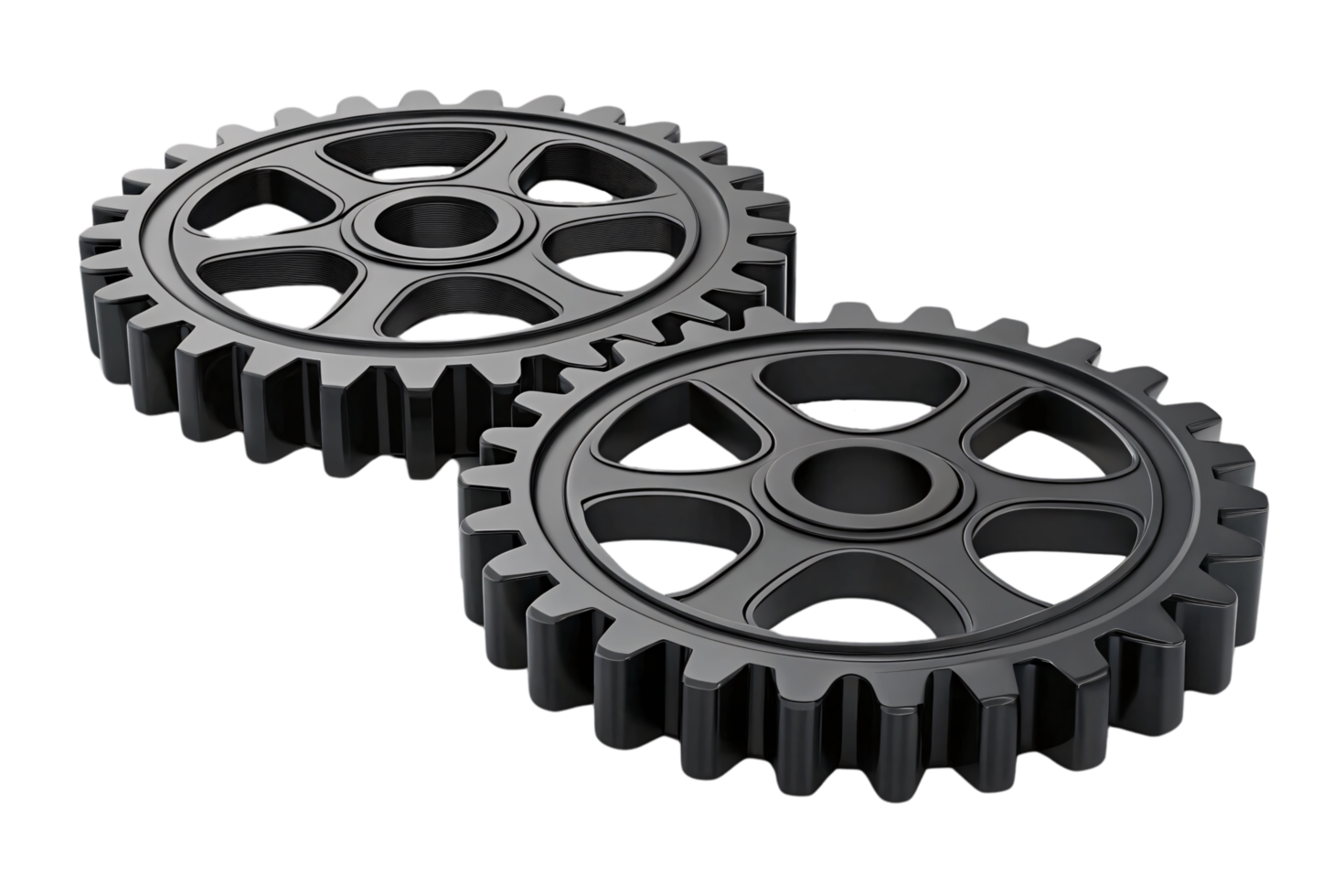 Two black metallic gears interlocked in perfect alignment, showcasing collaboration, mechanical harmony, and the essence of engineering functionality png