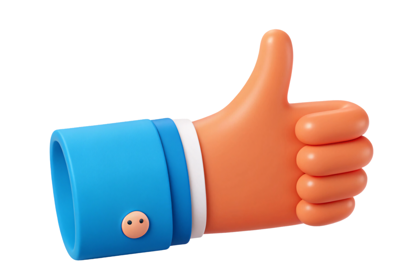 A 3D thumbs-up hand wearing a bright blue cuff with button details. The vibrant style radiates a sense of approval and affirmation png