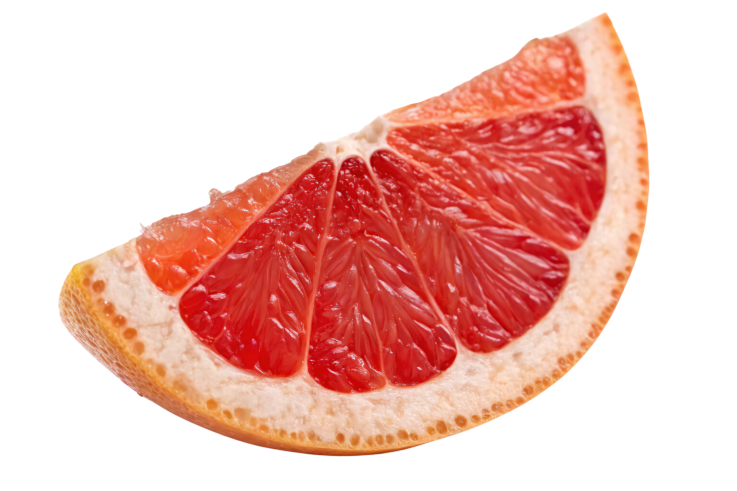 A vibrant grapefruit wedge showcasing glistening red pulp, translucent against the light. Its juicy segments emphasize freshness and zestiness png