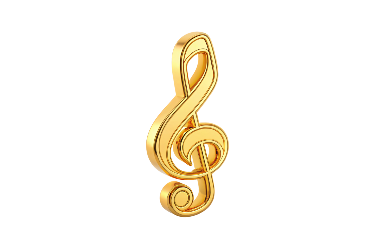 A shiny golden treble clef in 3D, standing tall and elegant, symbolizing harmony, rhythm, and musical sophistication png