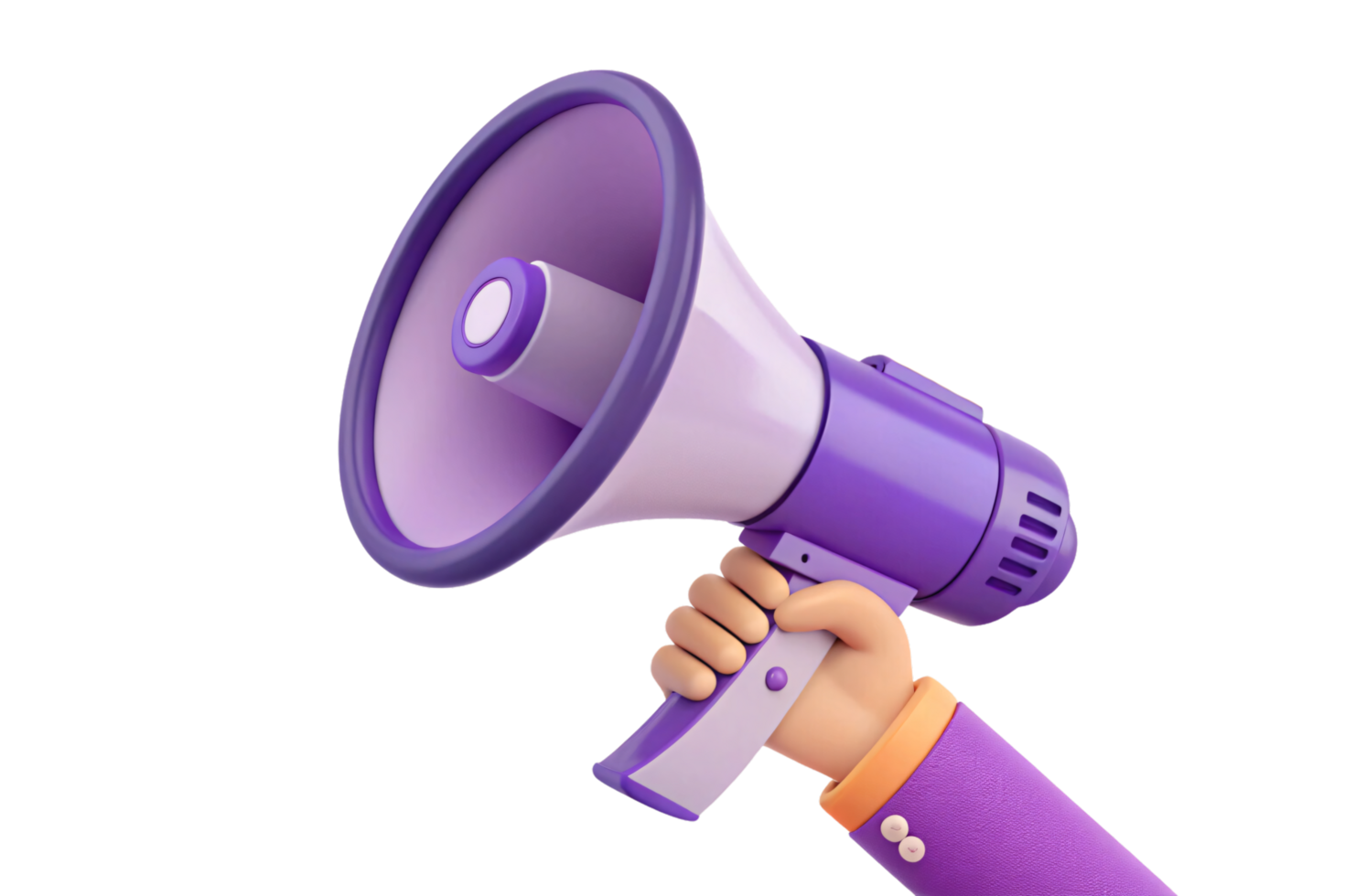 A purple megaphone held firmly, showcasing a stylish and unique approach to announcements or broadcasts png