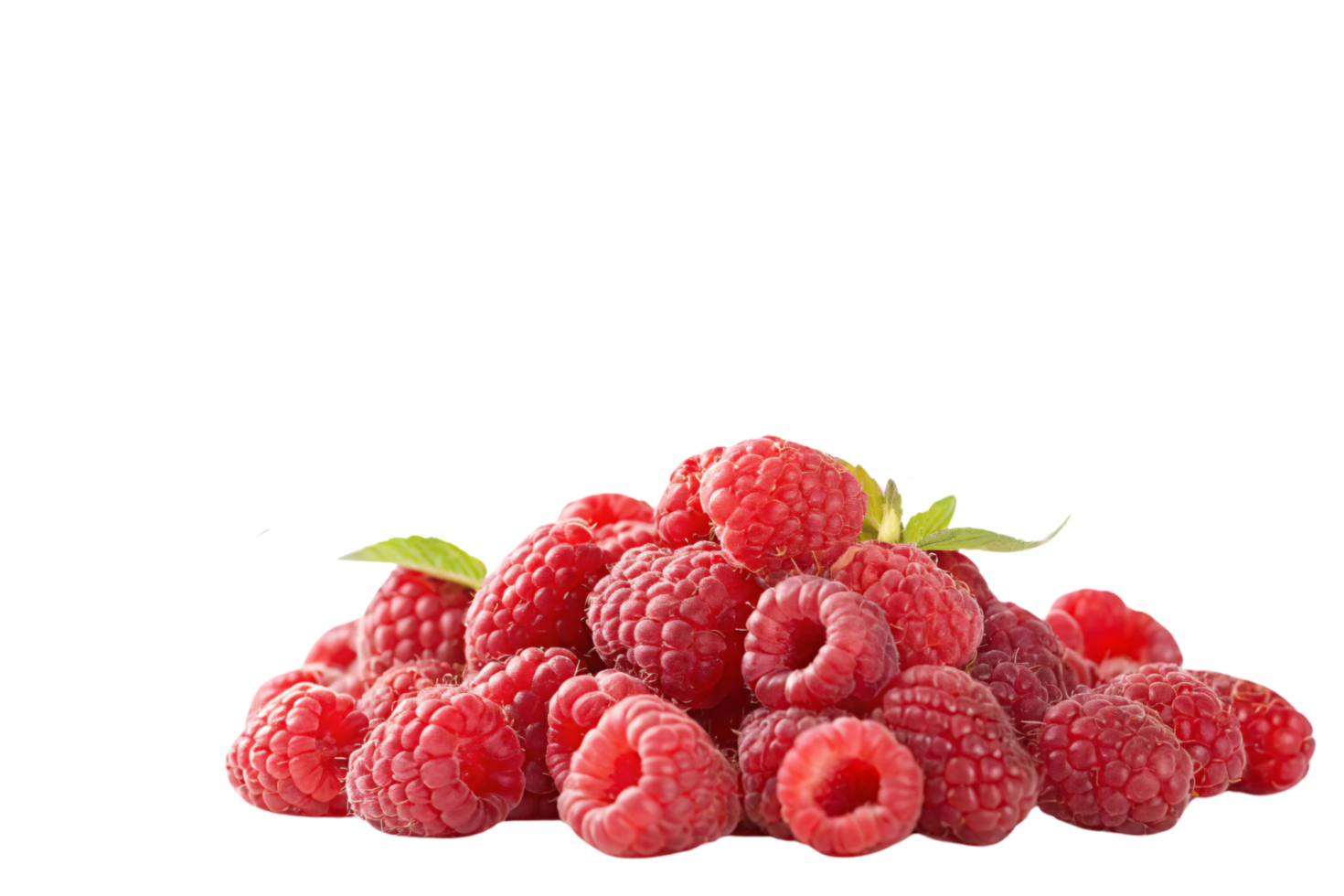 A delightful mound of raspberries adorned with fresh green leaves, symbolizing freshness and vibrancy. Perfectly ripe and inviting, they radiate natural appeal png