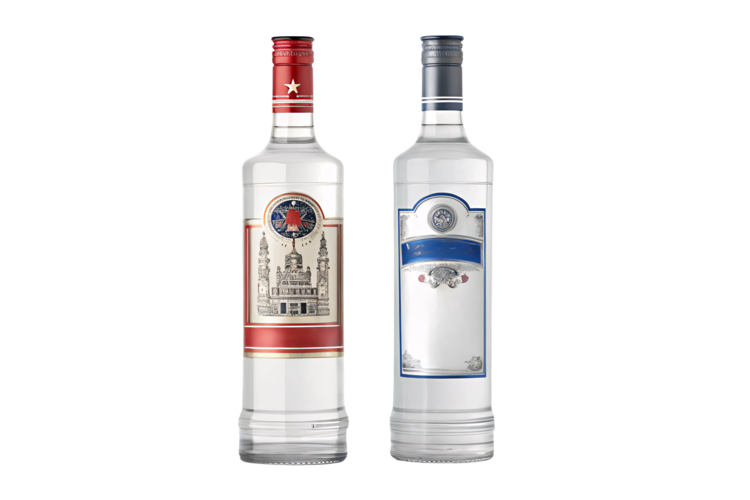 A pair of vodka bottles, one adorned with a bold red star and another with a blue crest, both exuding classic elegance png