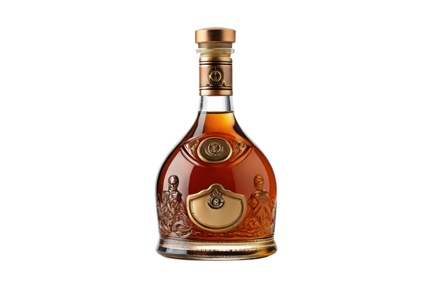 A prestigious bottle of premium liquor with artistic engravings and gold highlights, reflecting an aura of class and craftsmanship png