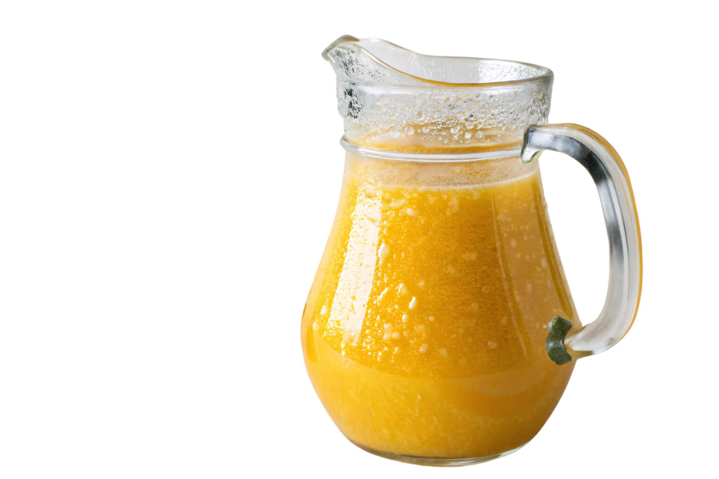 A transparent pitcher brimming with bright, pulpy orange juice. The glass condensation and frothy texture evoke refreshment and natural goodness png