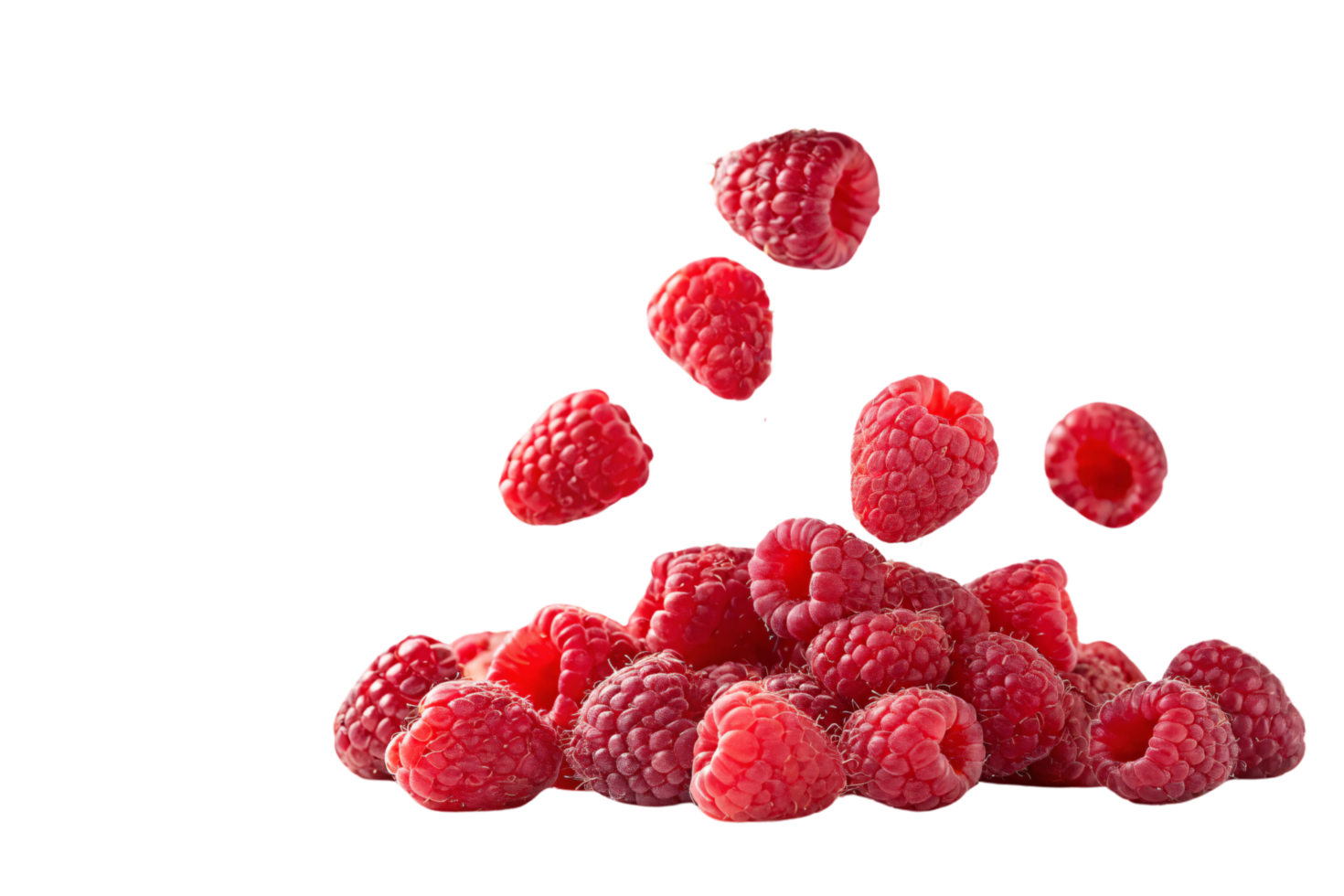 A lush heap of raspberries with a few tumbling above, capturing a playful, energetic composition. Rich, detailed textures dominate the scene png