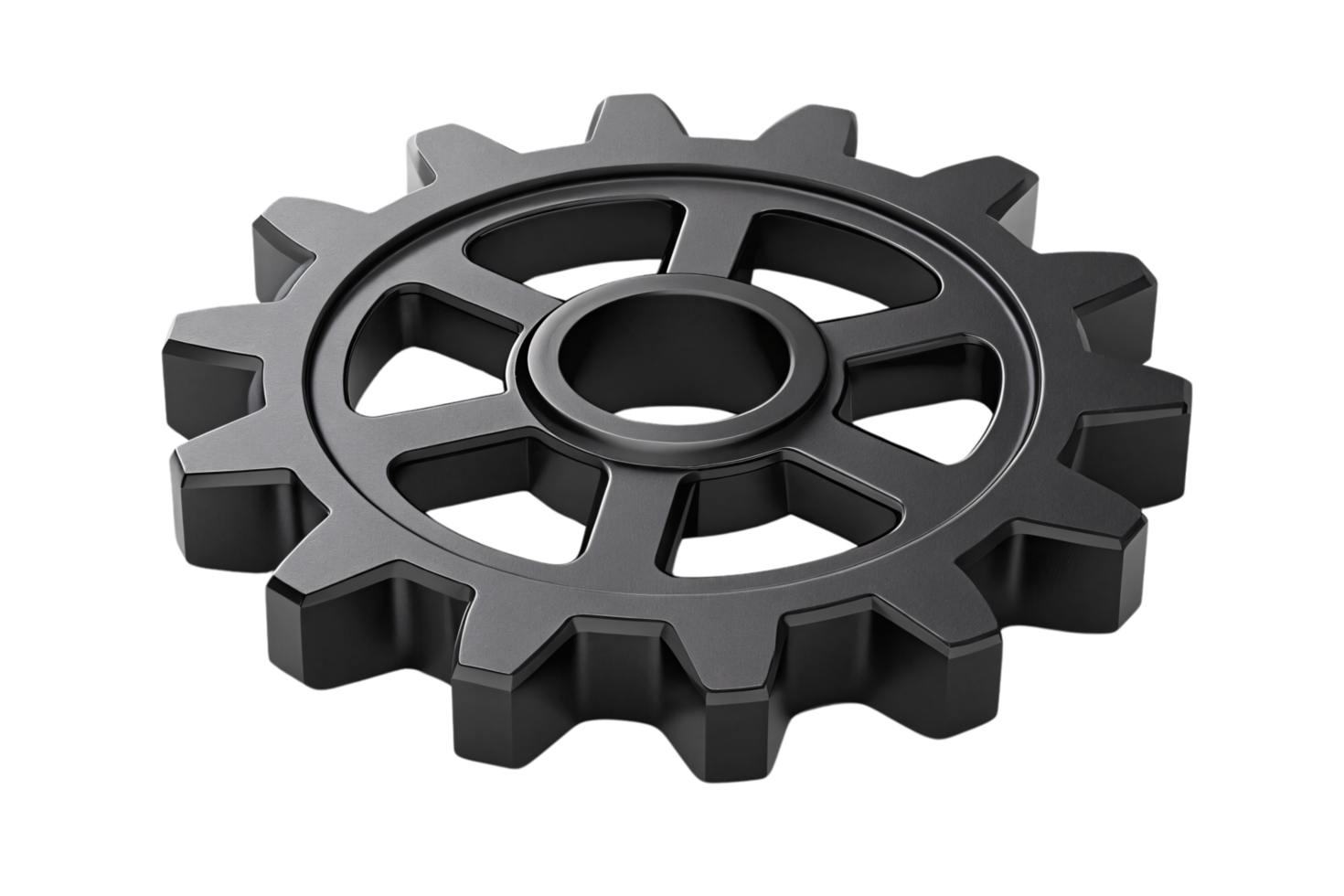 A single metallic gear, with sharp, precise teeth and a hollow center, presented in a polished black finish, evoking industrial efficiency png