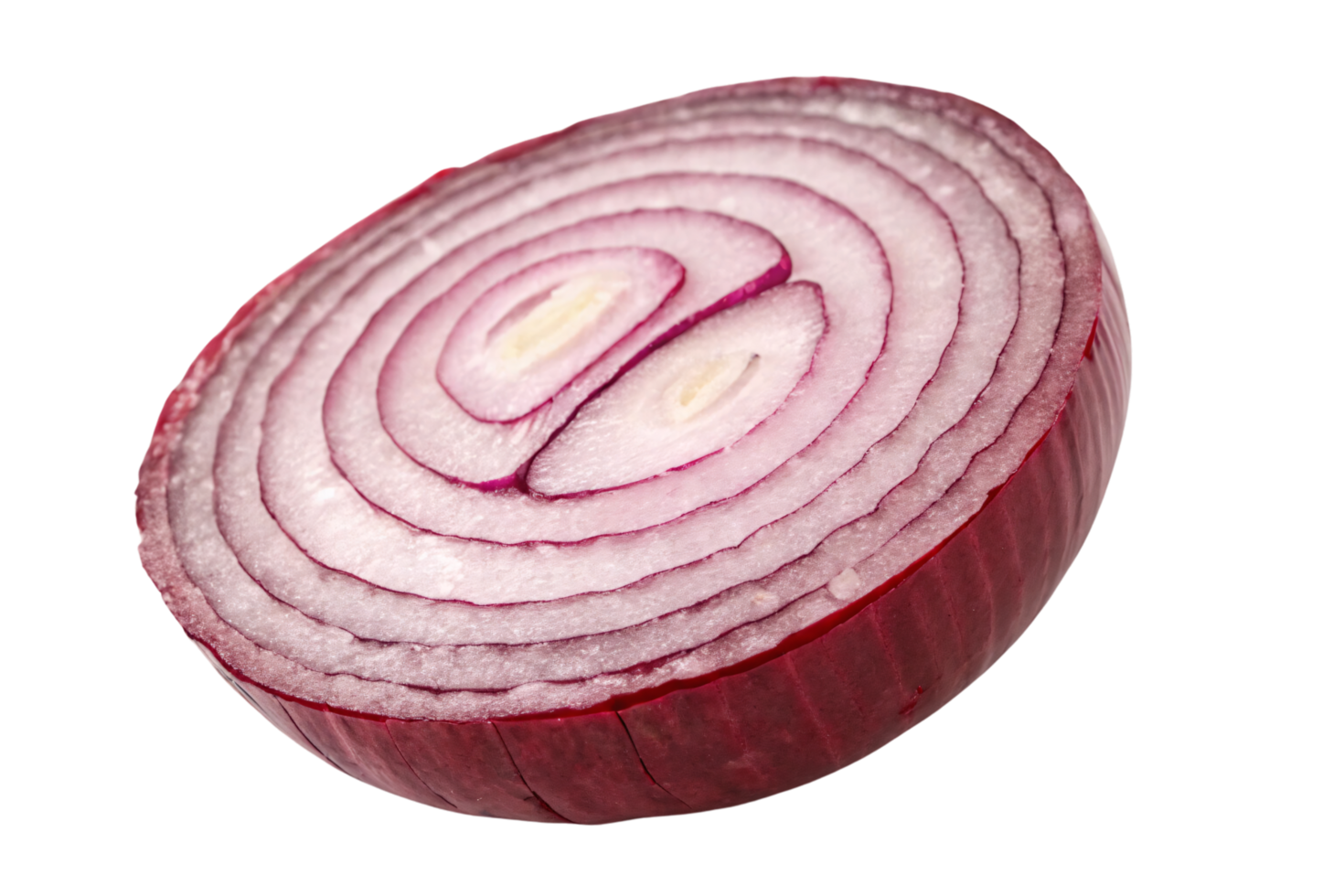 A close-up of a red onion slice, showcasing its concentric purple and white rings with a crisp texture and natural translucency png