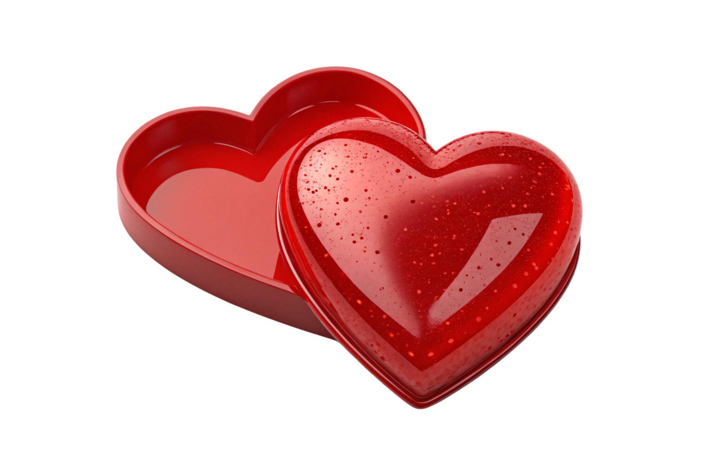 Glossy red heart-shaped box with a shiny, speckled lid, partially open to reveal a smooth red interior. Elegant and romantic design png