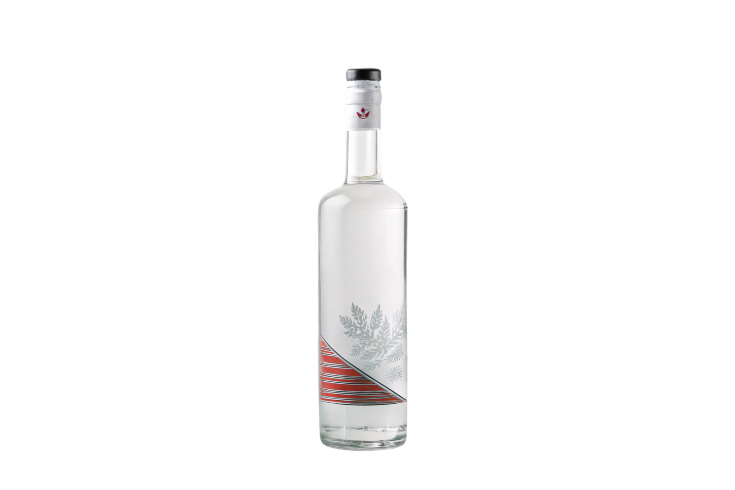 A frosted glass alcohol bottle with red and silver detailing, featuring botanical illustrations and a modern label png