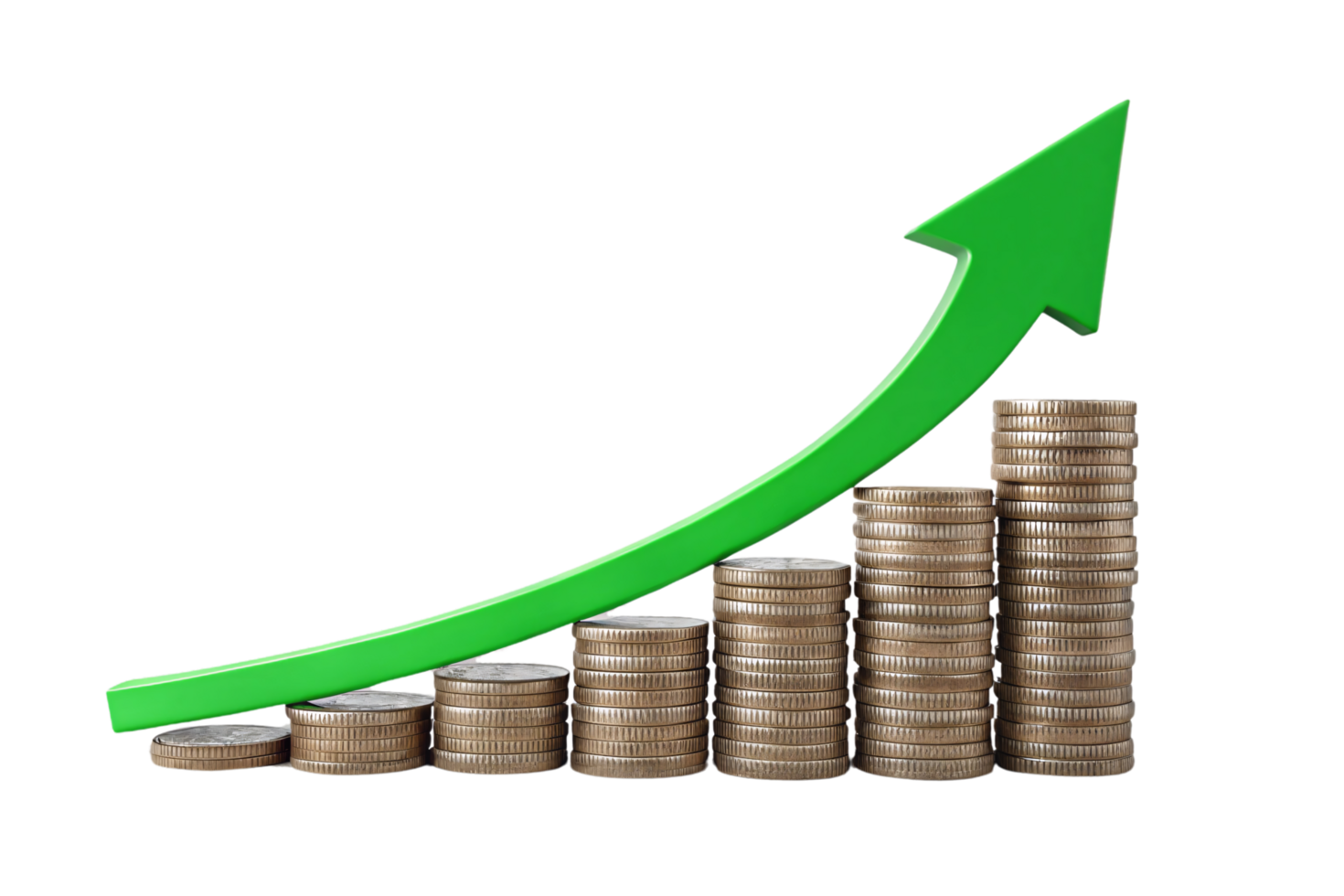 Coins in ascending height, overlaid with a jagged green upward arrow, symbolizing fluctuating yet positive financial progress png