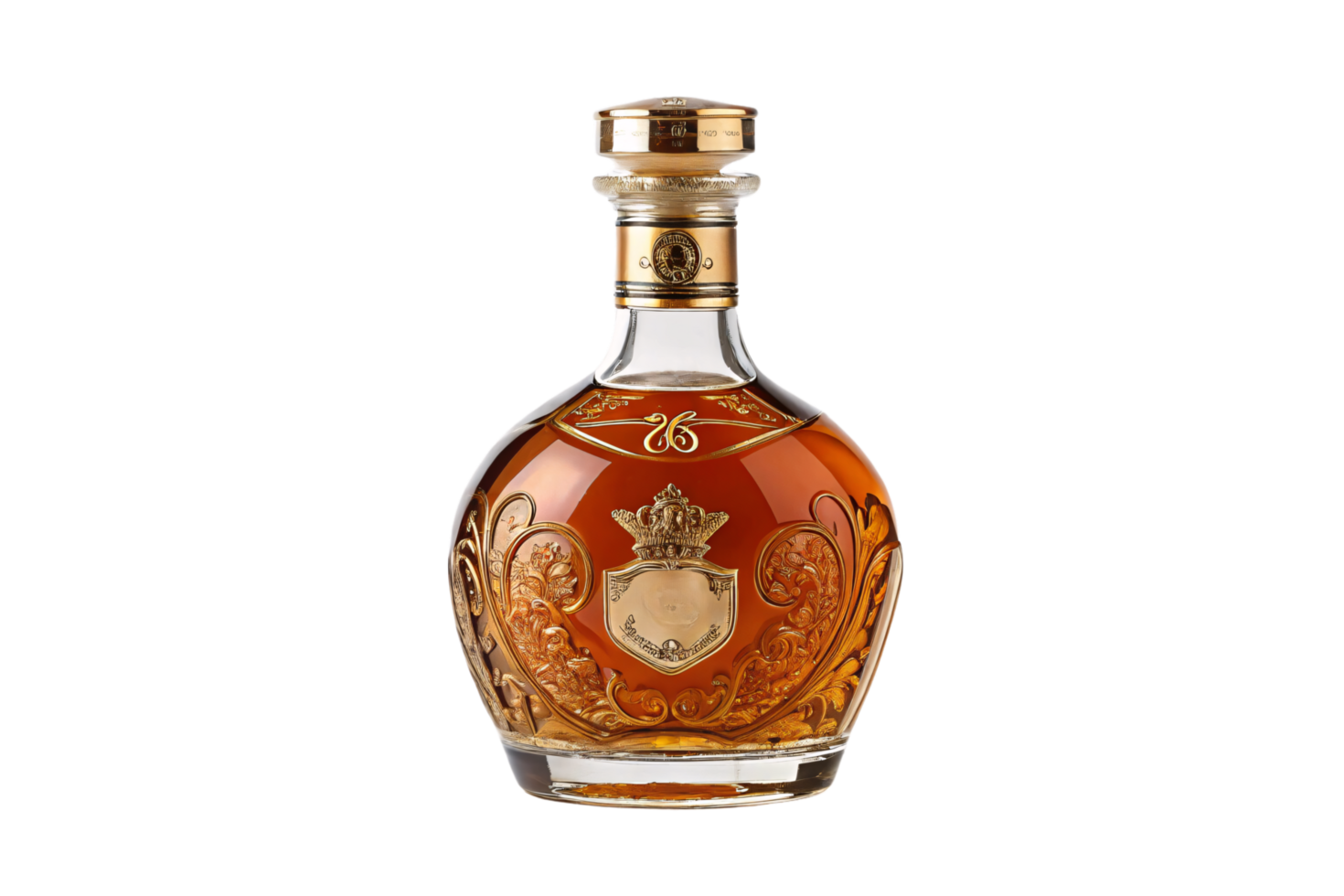 An ornate cognac bottle with intricate gold embellishments, a royal emblem, and a crown, filled with amber liquid png
