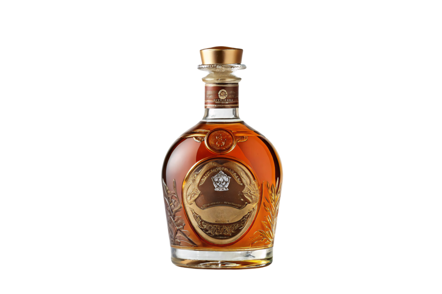 A refined liquor bottle featuring gold details, royal insignia, and a golden brown hue, exuding sophistication and luxury png