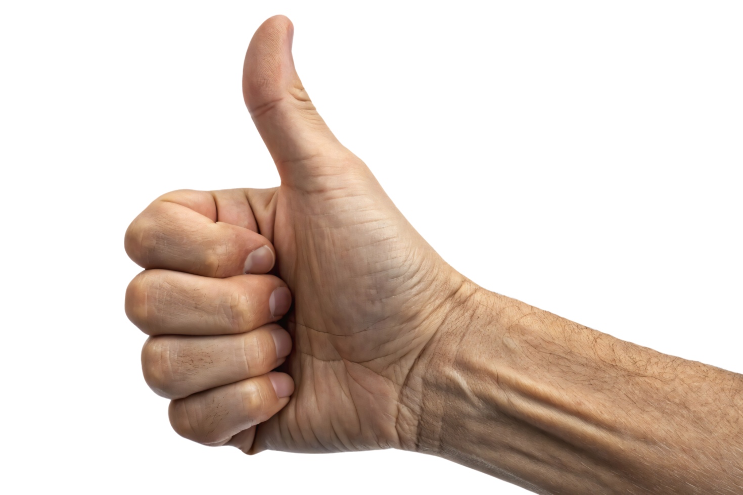 A slightly different perspective of a thumbs-up gesture, showcasing veins, wrinkles, and the detailed anatomy of the hand and fingers png